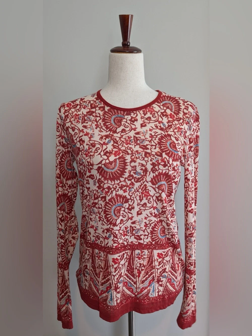 Tory Burch Long Sleeve Floral Print Crew Neck Pima Cotton Top Red Multi Size XS